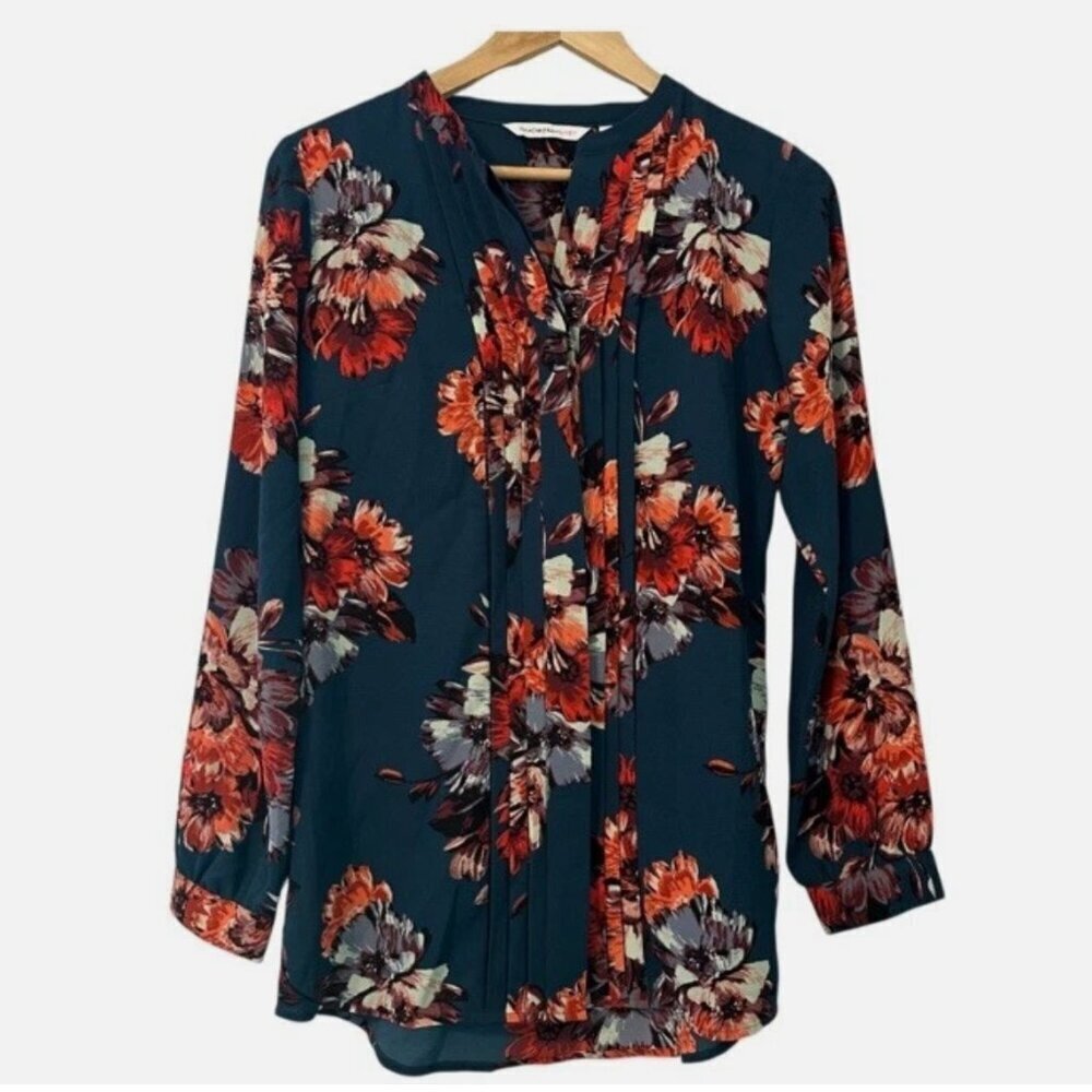 Women's XS Oversized Relaxed Teal Blue Floral Pintuck Tunic Long Sleeve Soft Top